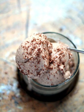 Easy to make peanut butter frozen yogurt with flecks of dark chocolate.