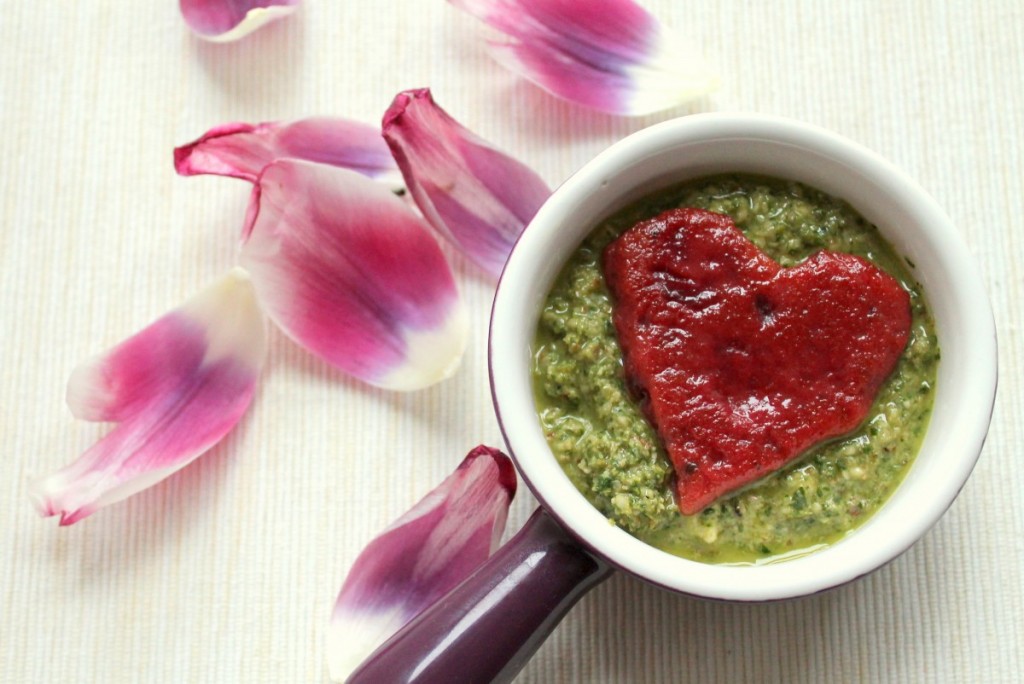 beetroot gnocchi hearts with watercress pesto