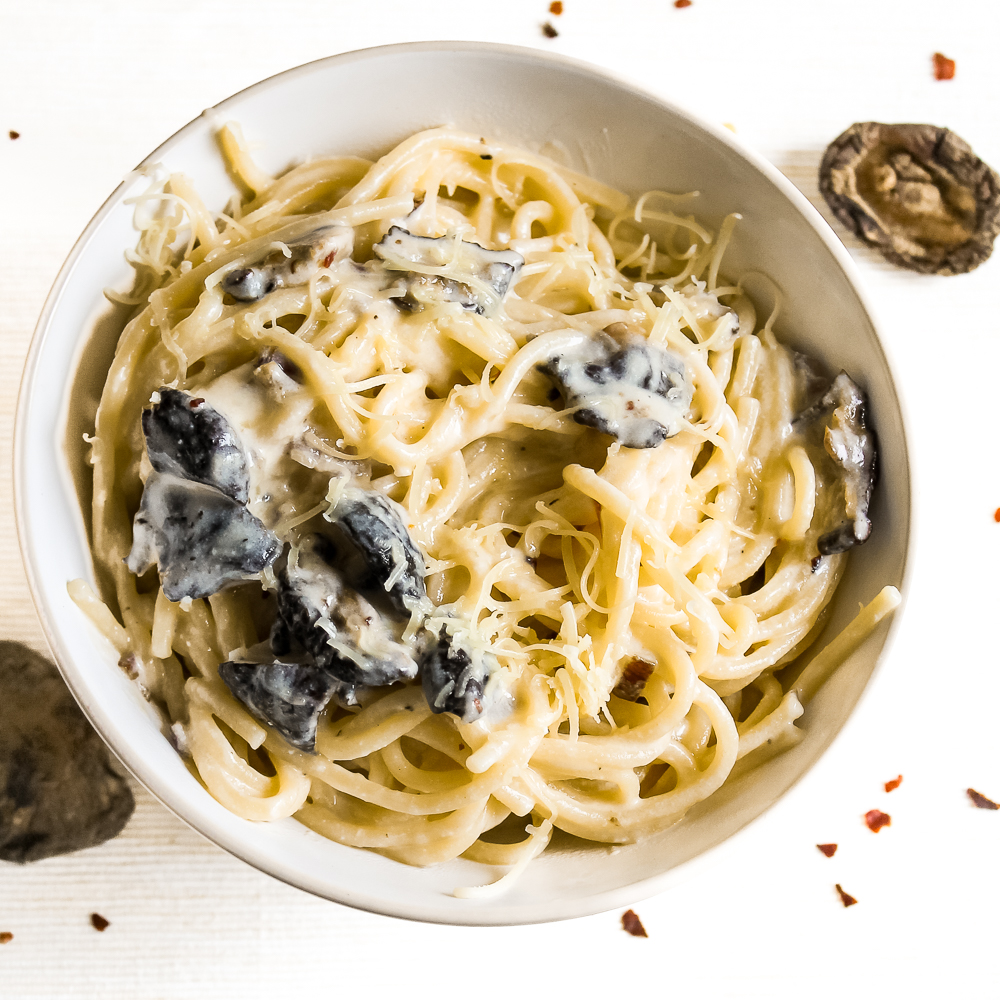 Shiitake Mushroom Carbonara with Greek Yogurt Happy Veggie Kitchen
