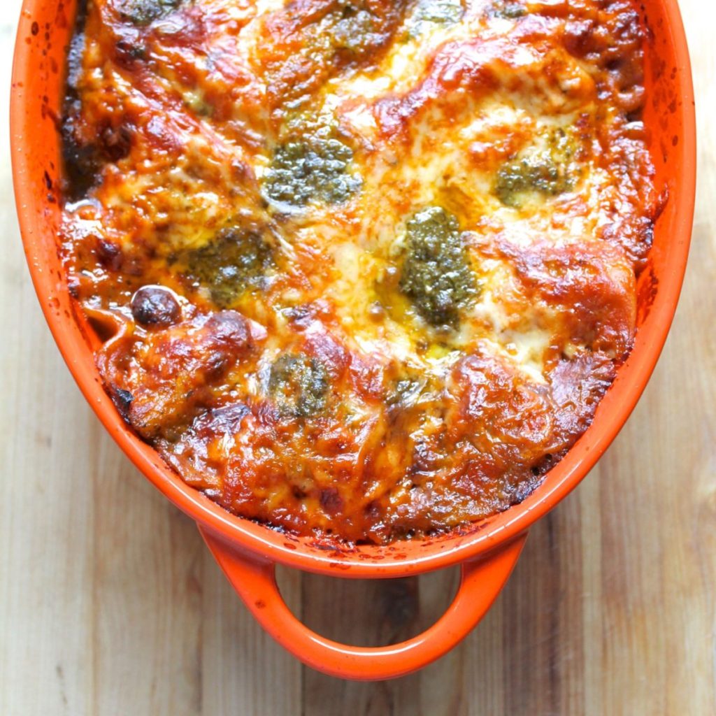 This vegetarian lentil lasagne is the easiest lasagne you will ever make. Throw it together on a weeknight with some ready-made soup, pesto and canned lentils! No pre-cooking at all. Just layer it up and bake.