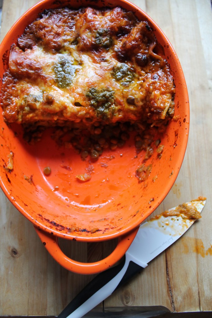 This vegetarian lentil lasagne is the easiest lasagne you will ever make. Throw it together on a weeknight with some ready-made soup, pesto and canned lentils! No pre-cooking at all. Just layer it up and bake.