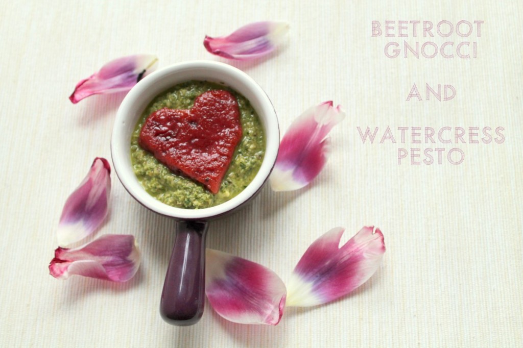 beetroot gnocchi hearts with watercress pesto