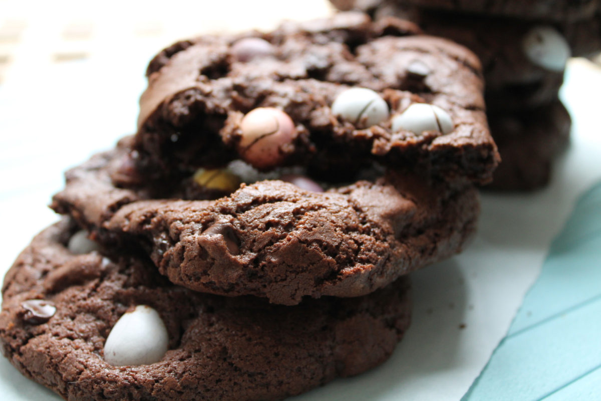 Dark chocolate cookies with Cadbury's mini eggs