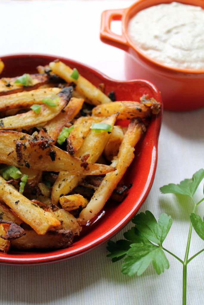 batata harra fries with eggplant dip