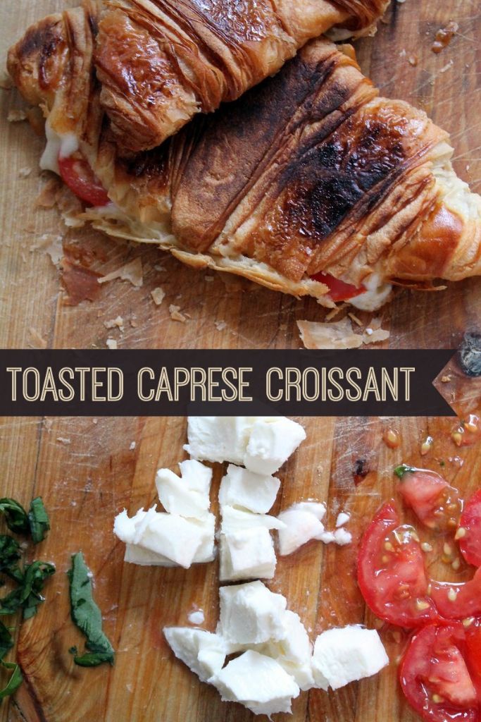 The perfect vegetarian breakfast sandwich! A toasted croissant with a melted mozzarella cheese and tomato filling. If you're looking for a new croissant sandwich filling idea, this is the one to try.