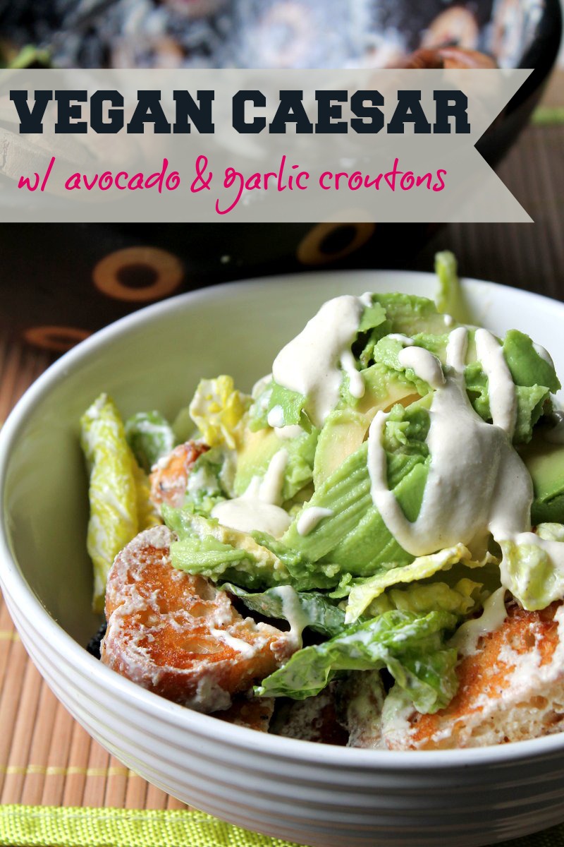 Vegan caesar salad with avocado and garlic croutons. Delicious and healthy, but tastes like it shouldn't be!
