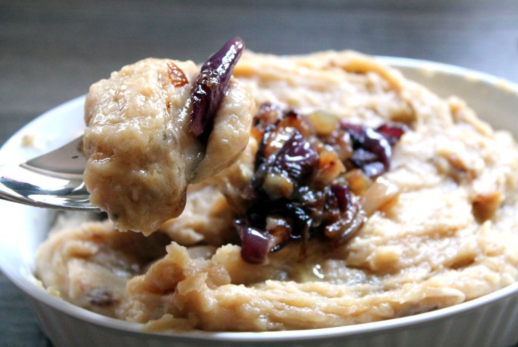 These sticky, gooey, cheesy mashed potatoes will be the highlight of your meal! With just 4 ingredients, they are easy to put together and are packed with delicious gruyere and caramelized onions for an amazing luxurious flavor.