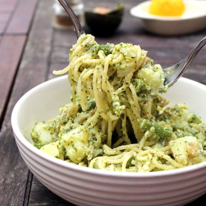 Spaghetti Genovese with Avocado Pesto Happy Veggie Kitchen
