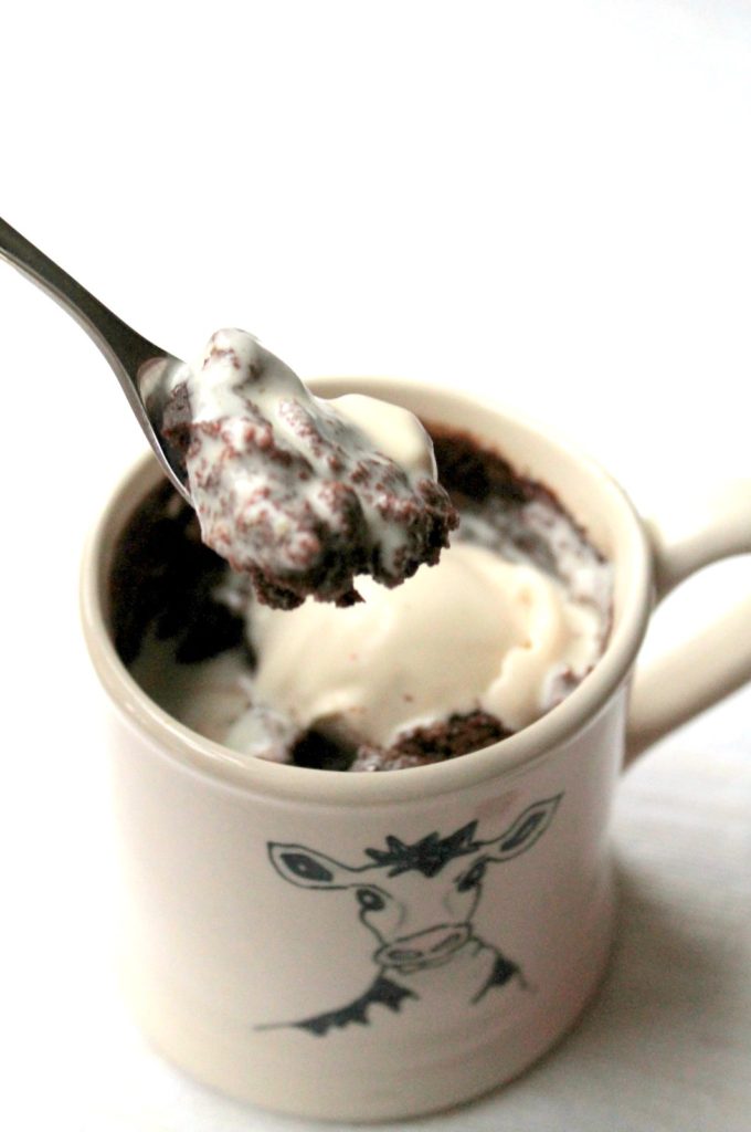 A decadent vegan dessert! Chocolate mug cake with a melting chocolate hazelnut and strawberry center. So easy and so yummy!