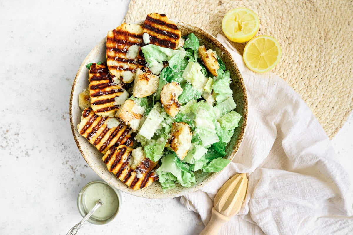 Halloumi Caesar Salad with Yogurt Dressing Happy Veggie Kitchen