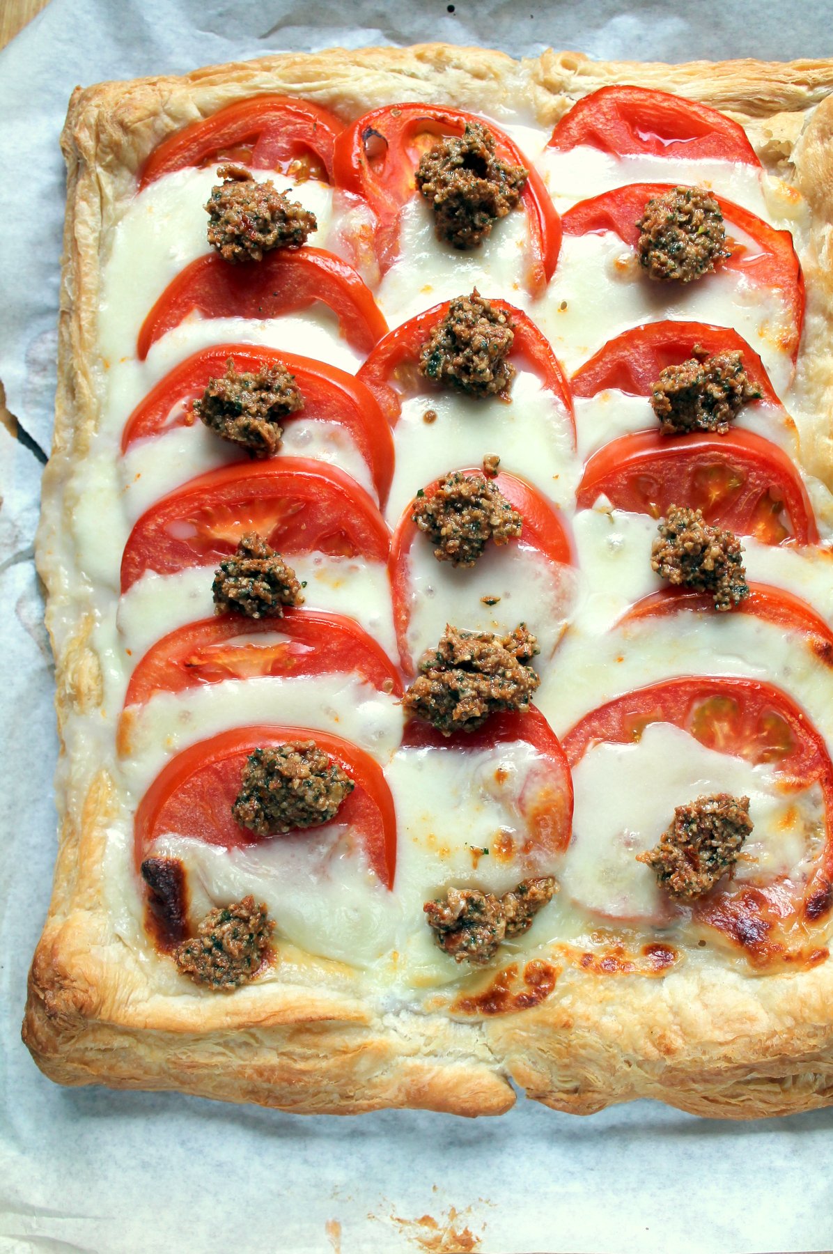 Utterly delicious vegetarian tart. Everyone loves a tomato mozzarella combo, but the dollops of this pesto make it extra special.