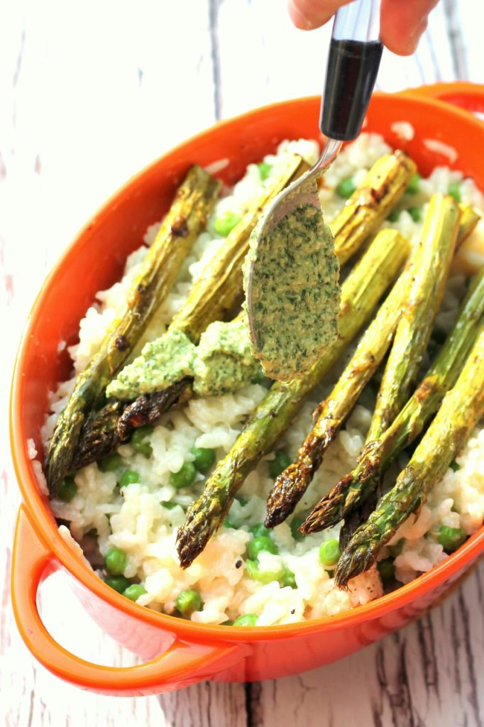 This summery risotto is delicious creamy and bursting with flavor and texture. It's oven baked and dairy free to boot!