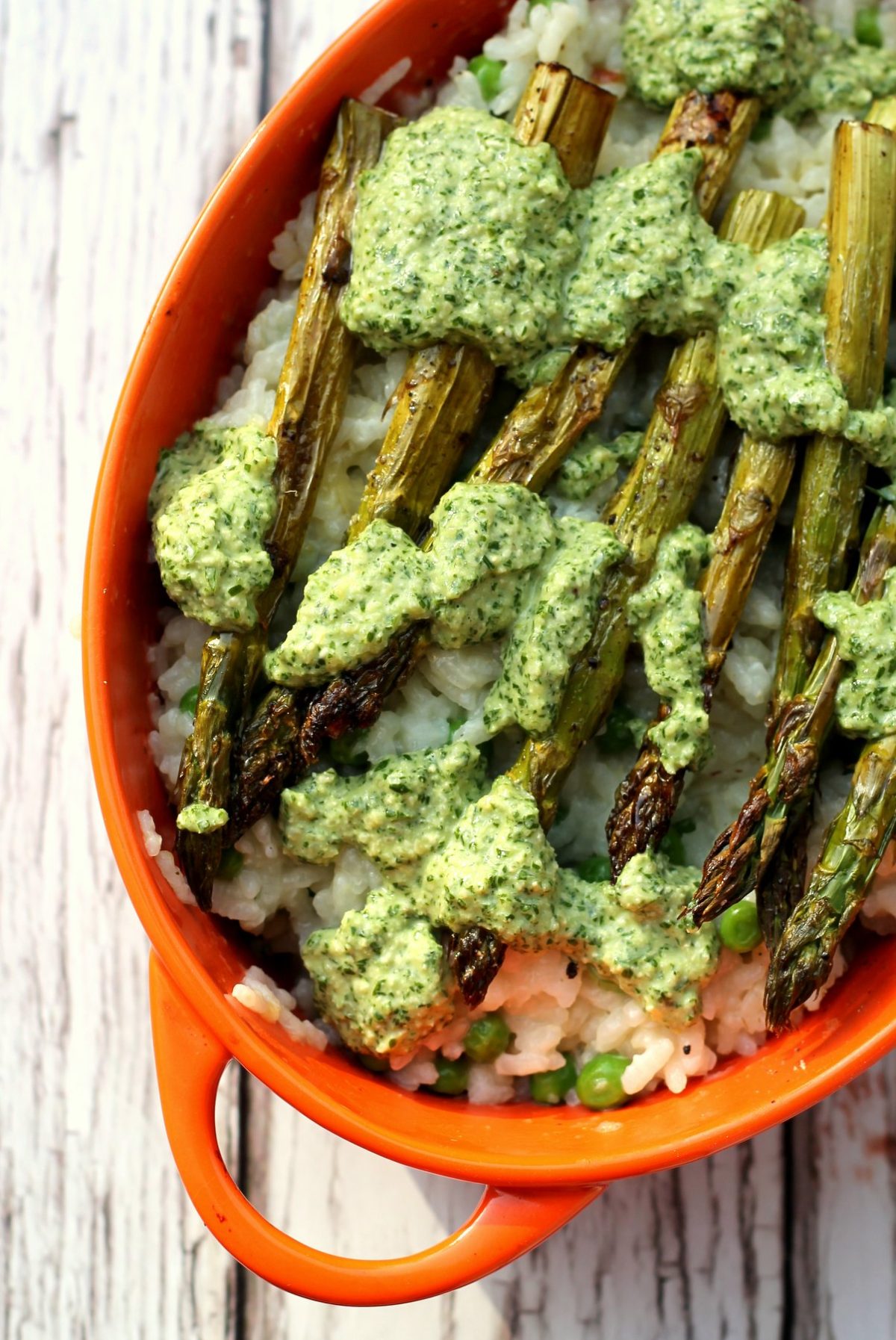Vegan Pea & Asparagus Risotto with Pesto {Oven Baked} Happy Veggie