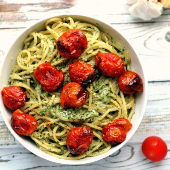 Roasted Garlic Pesto Spaghetti with Blistered Cherry Tomatoes Happy