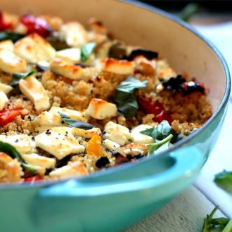 Mediterranean flavors baked into quinoa. An easy to make vegetarian dinner - works as a main dish or a side!