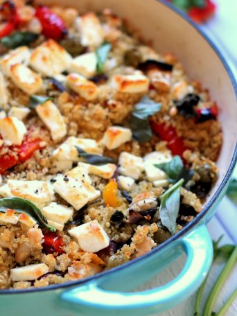 Mediterranean flavors baked into quinoa. An easy to make vegetarian dinner - works as a main dish or a side!