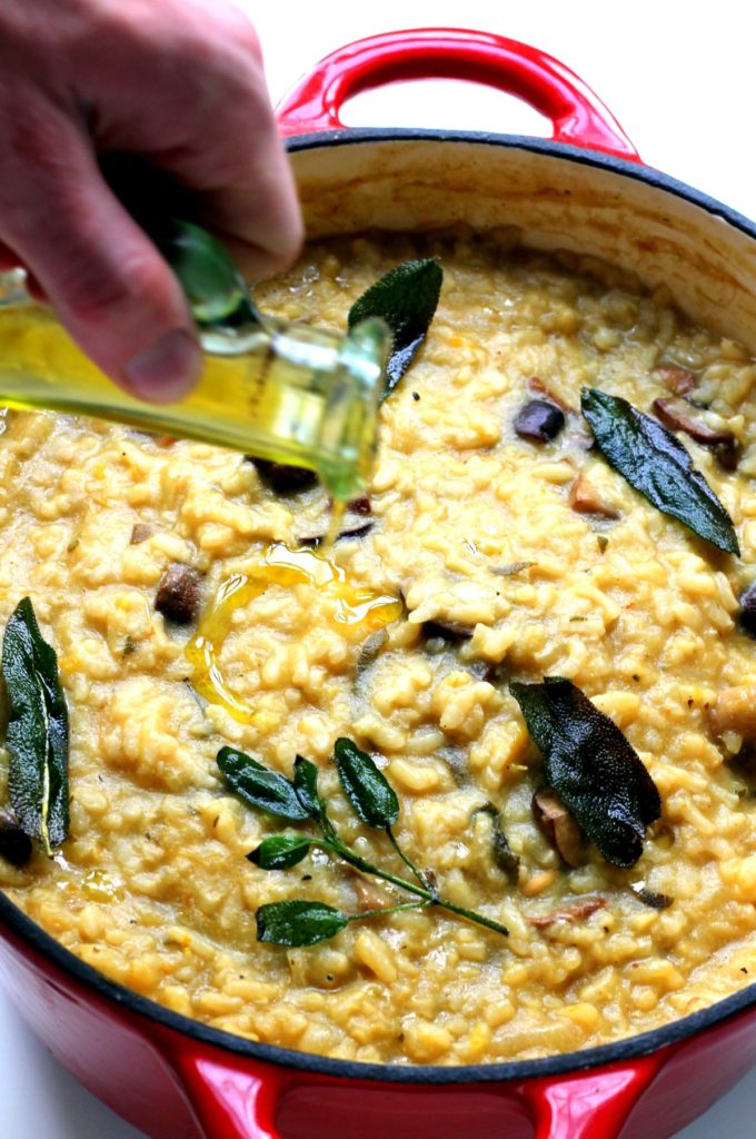 This vegan risotto is baked in a dutch oven with roasted autumnal veggies, sage and a drizzle of truffle oil. So tasty and creamy, you will not miss the cheese!