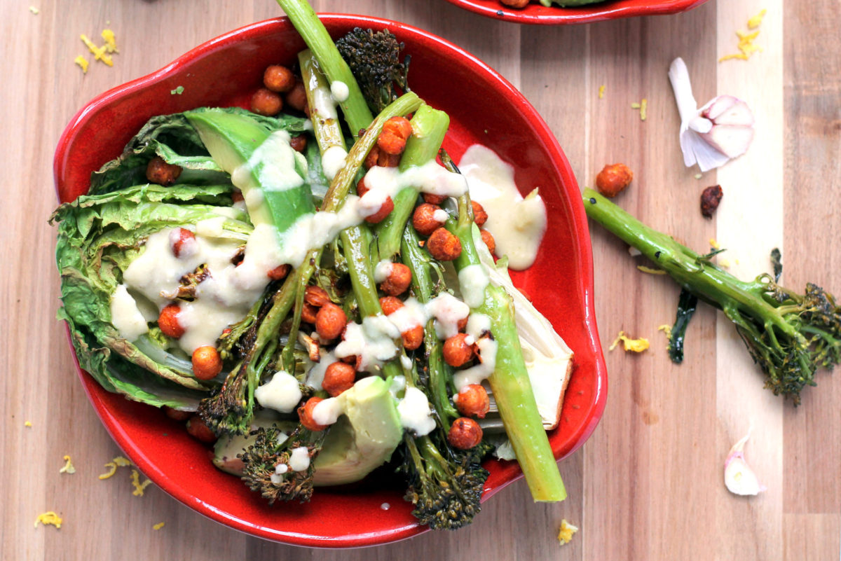Grilled romaine with roasted broccolini & spicy chickpeas