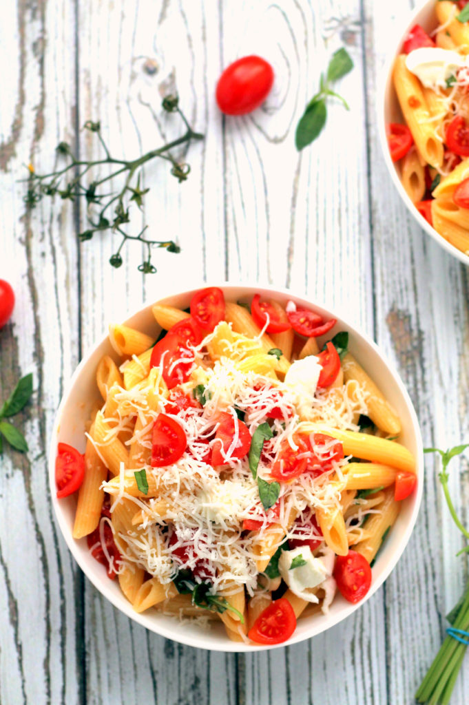 A simple 15 minute pasta dish! Served warm, this makes a wonderful weeknight vegetarian dinner. It's also great cold, for potlucks and BBQs.