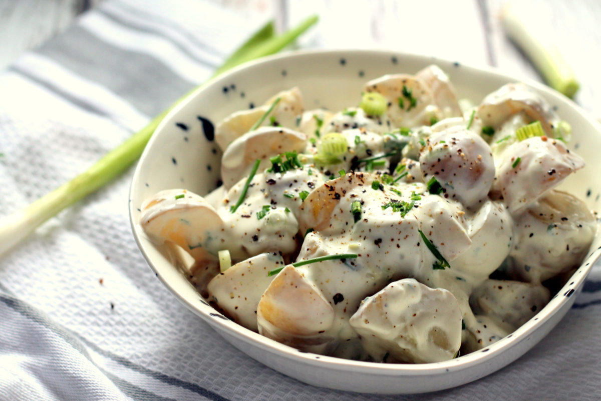 This healthy greek yogurt potato salad is such a hit at BBQs! It's easy to make and the silky greek yogurt sauce packs a real punch while being a lighter alternative to mayo. I also love to serve this still warm.