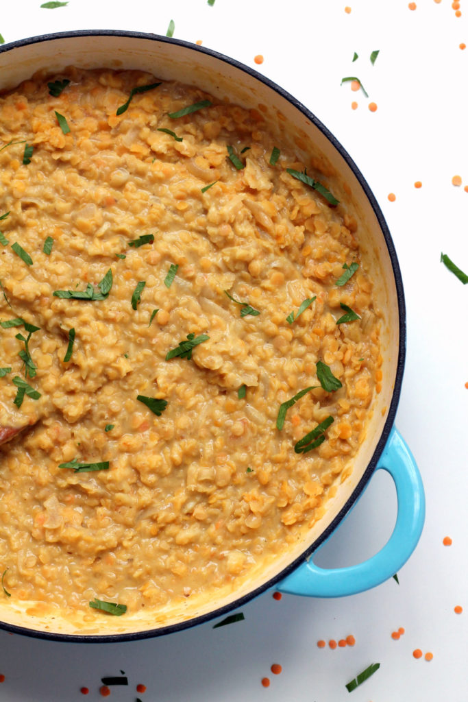 Red lentils and caramelized onions in a sweet coconut sauce, with the tiniest hint of curry. A creamy, mild and naturally sweet dish that is simple to prepare and works well as a side dish or a main meal with rice. These coconut lentils are vegetarian, vegan and mild enough babies and kids. 