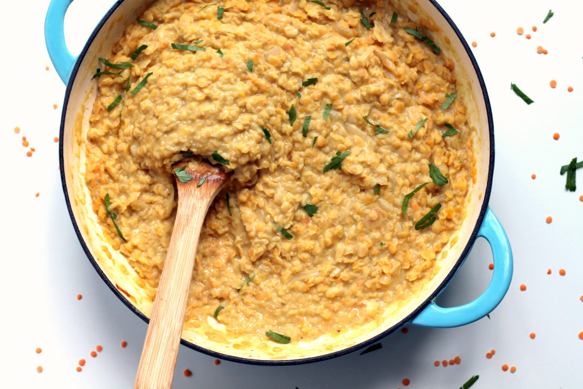Red lentils and caramelized onions in a sweet coconut sauce, with the tiniest hint of curry. A creamy, mild and naturally sweet dish that is simple to prepare and works well as a side dish or a main meal with rice. These coconut lentils are vegetarian, vegan and mild enough babies and kids. 