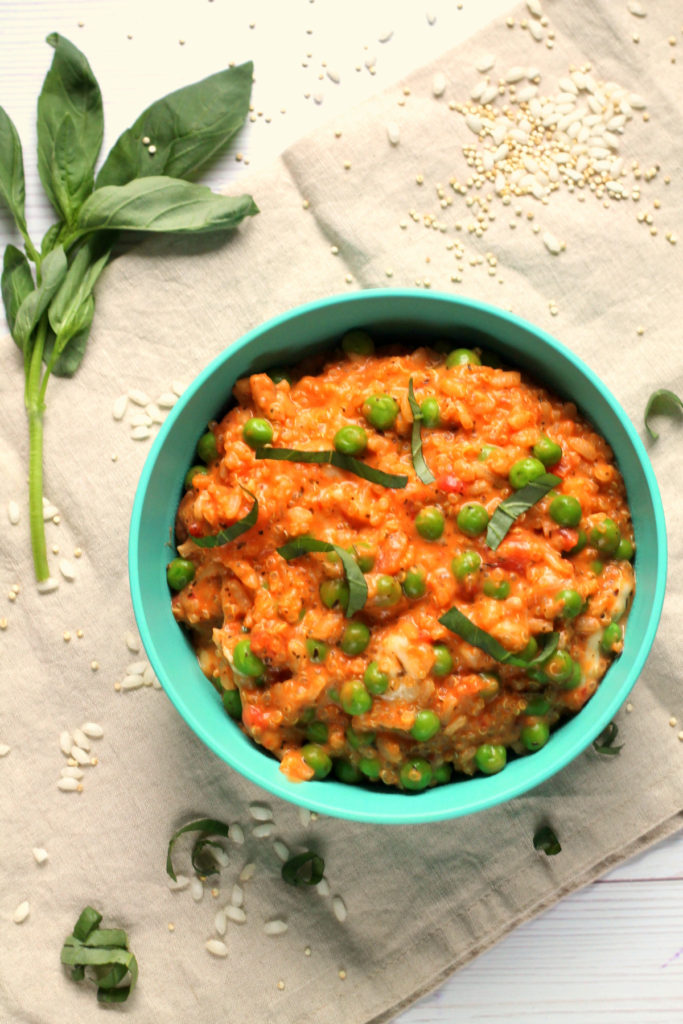Fill your freezer with a big batch of this healthy, filling risotto for babies and toddlers! This is a part rice / part quinoa risotto which means extra nutrition, protein and texture. With creamy tomato sauce, peas and fresh mozzarella, this is a healthy meal which the whole family can enjoy. Freeze leftovers in baby or toddler portions and you'll have a nutritious lunch or dinner in minutes.