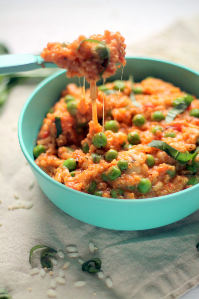 Fill your freezer with a big batch of this healthy, filling risotto for babies and toddlers! This is a part rice / part quinoa risotto which means extra nutrition, protein and texture. With creamy tomato sauce, peas and fresh mozzarella, this is a healthy meal which the whole family can enjoy. Freeze leftovers in baby or toddler portions and you'll have a nutritious lunch or dinner in minutes.