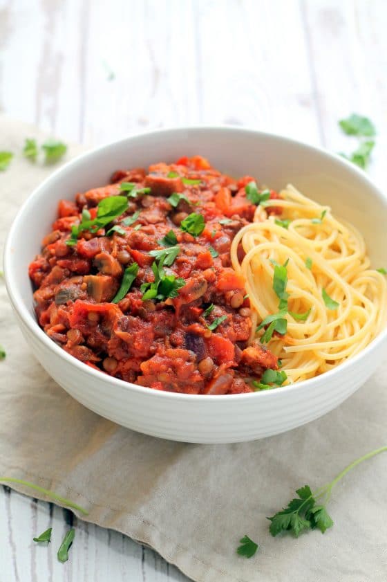 Green Lentil Spaghetti Bolognese Happy Veggie Kitchen