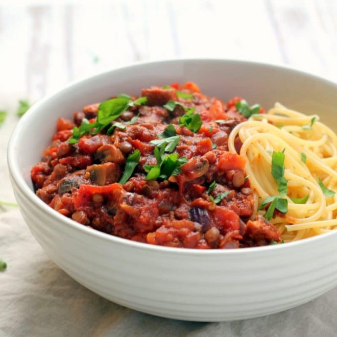 Green Lentil Spaghetti Bolognese Happy Veggie Kitchen
