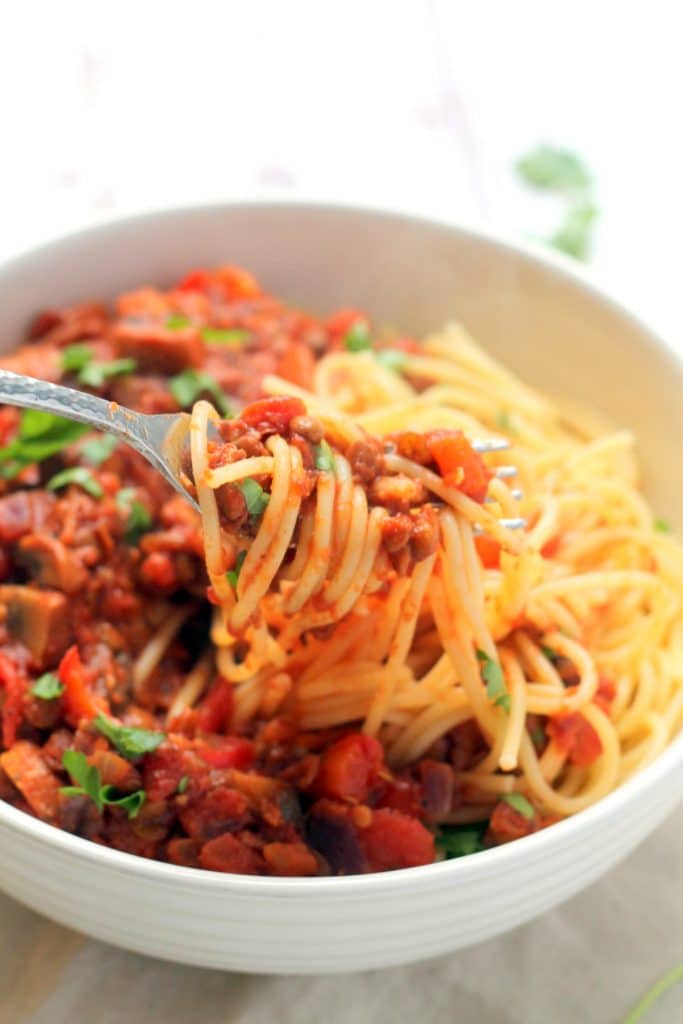 Green Lentil Spaghetti Bolognese Happy Veggie Kitchen