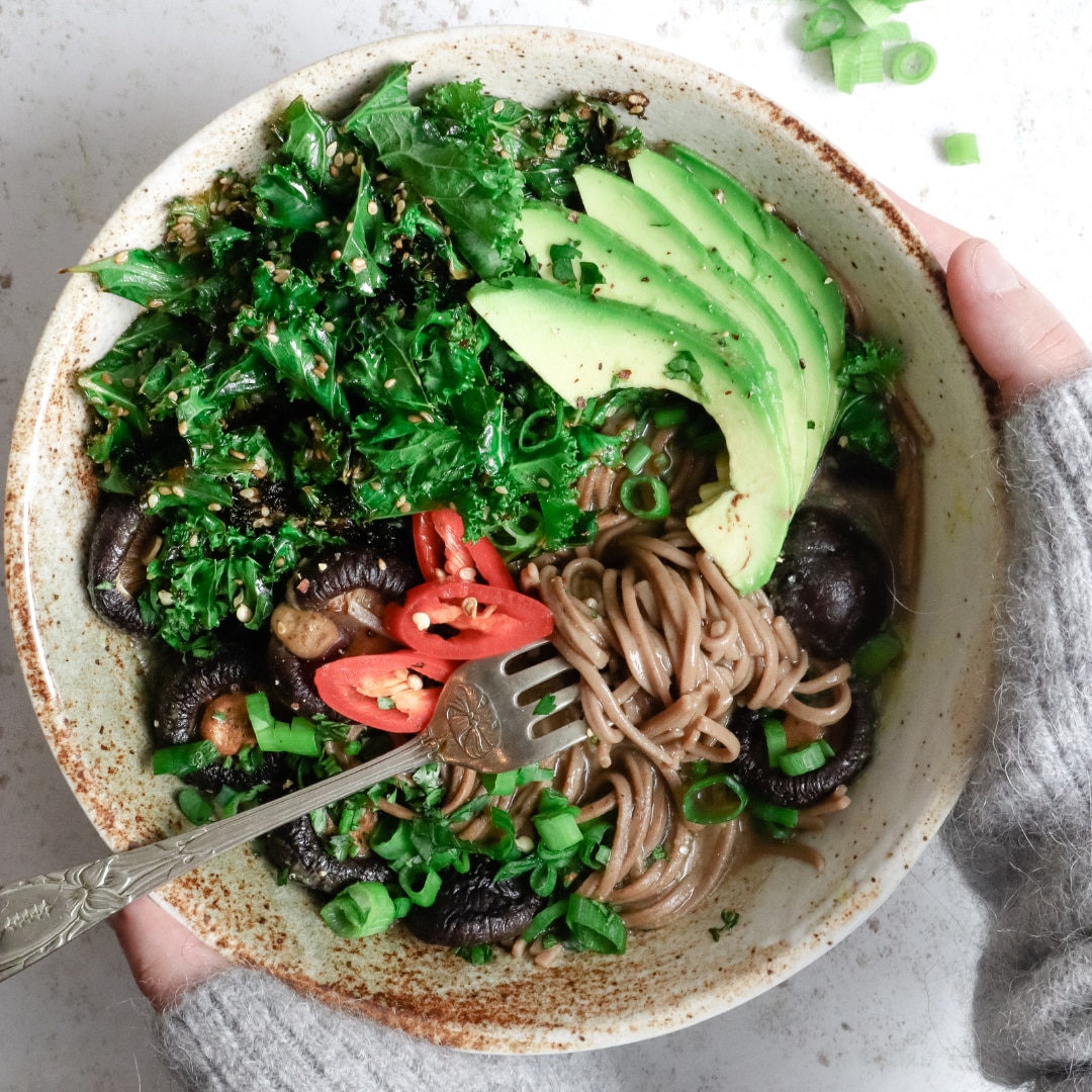 Crispy Kale, Shiitake & Avocado Ramen Happy Veggie Kitchen