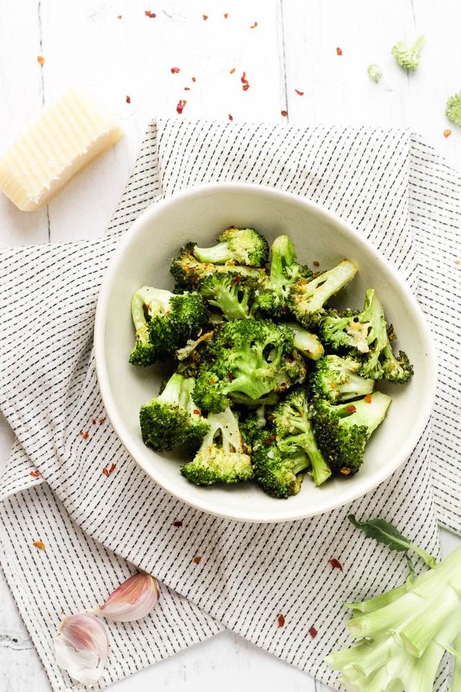 Air fried broccoli with parmesan on the side