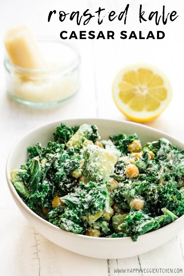 Roasted Kale Caesar Salad With Chickpeas Avocado Happy Veggie Kitchen