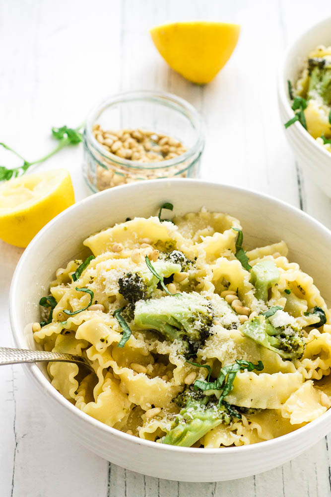 Mafalde Pasta with Broccoli, Lemon & Pine Nuts - Happy Veggie Kitchen