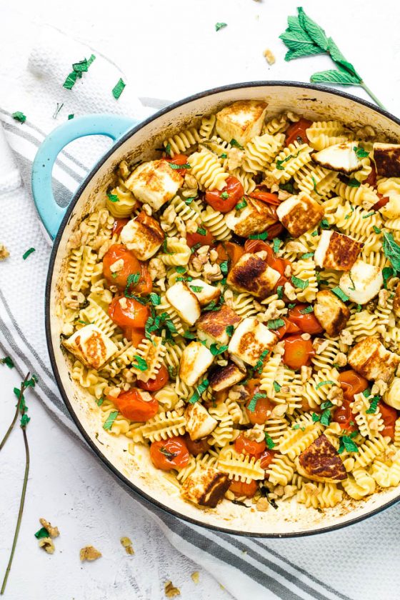 Halloumi Pasta with Cherry Tomatoes & Mint Happy Veggie Kitchen