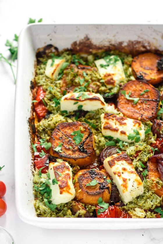 Halloumi Tray Bake with Pesto Rice & Roasted Vegetables Happy Veggie