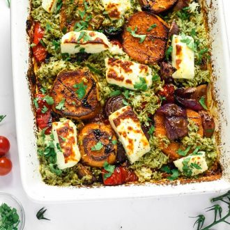 Brown rice, broccoli, feta and halloumi salad