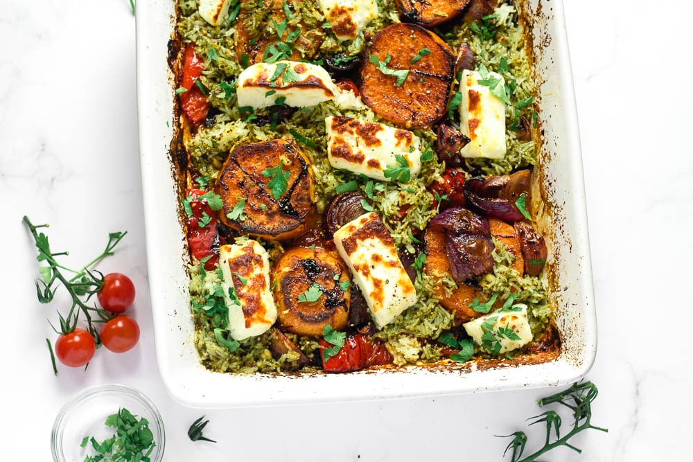 Halloumi Tray Bake with Pesto Rice & Roasted Vegetables - Happy Veggie Kitchen