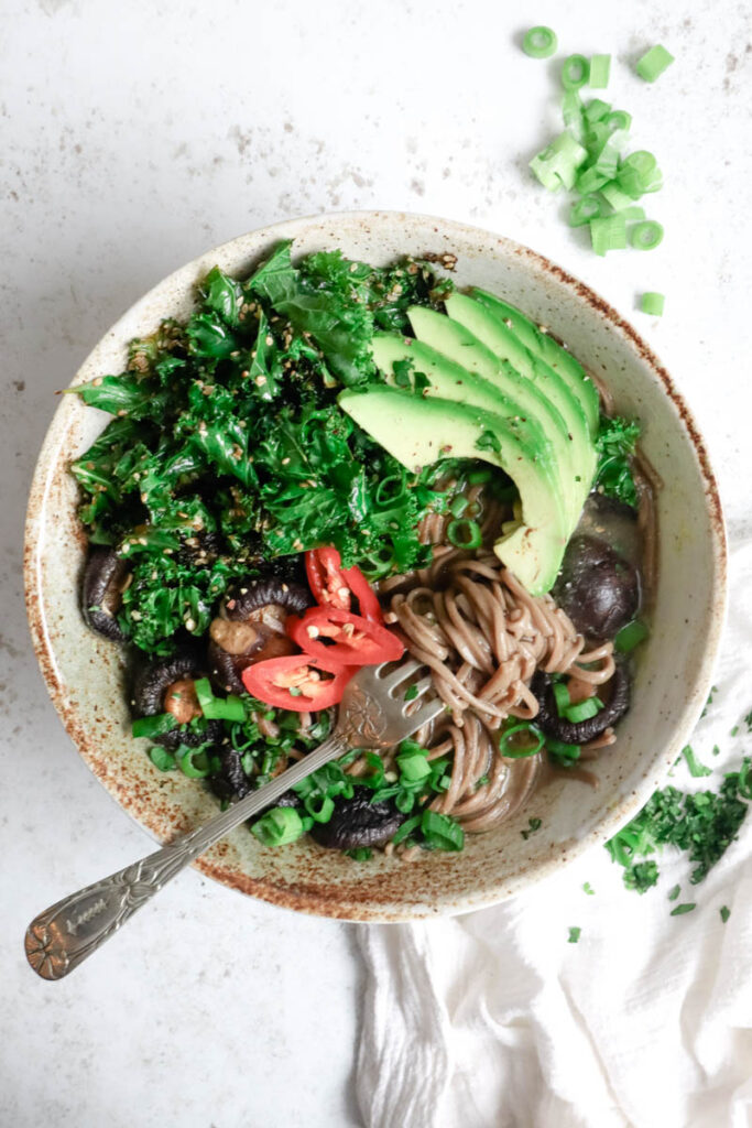 Crispy Kale, Shiitake & Avocado Ramen Happy Veggie Kitchen