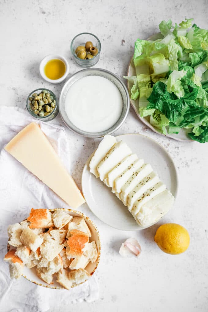 Ingredients to make halloumi caesar salad