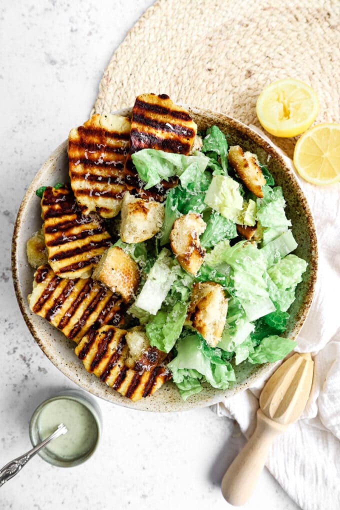 Halloumi caesar salad in a bowl