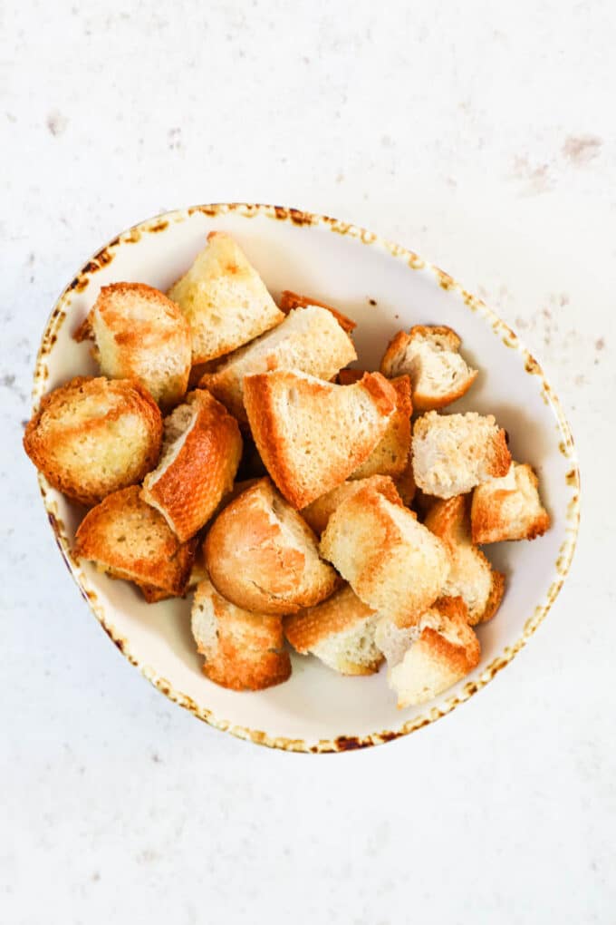 Bowl of prepared croutons