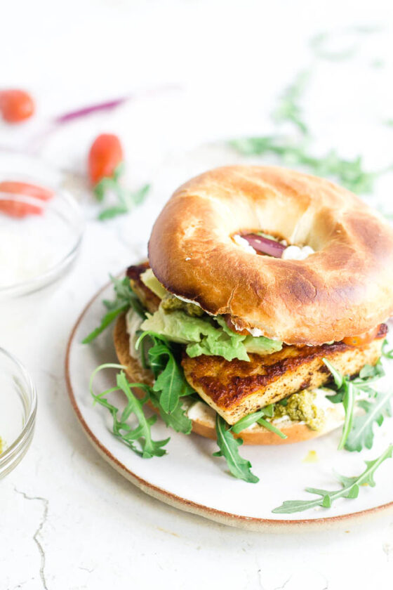 Halloumi Bagels with Avocado & Pesto Happy Veggie Kitchen