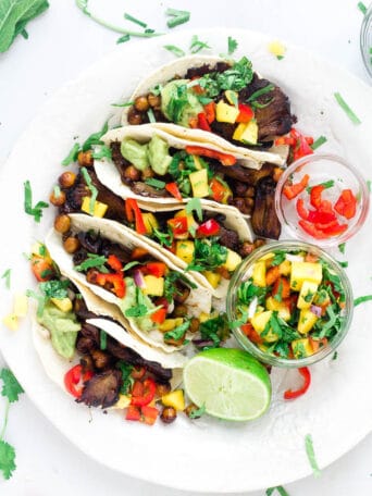 Plated up oyster mushroom chickpea tacos