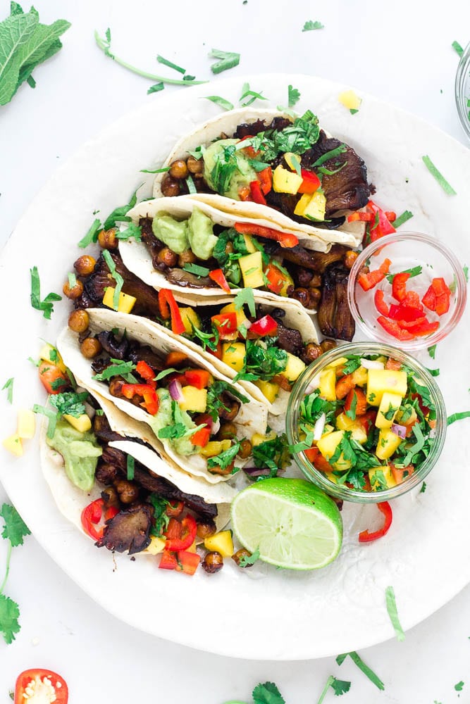Plated up oyster mushroom chickpea tacos