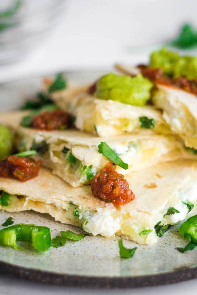 Close up of quesadilla slices with salsa topping