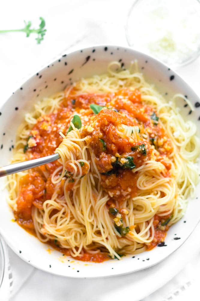 Bowl of pasta with heirloom tomato sauce
