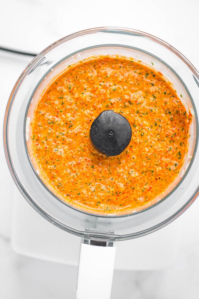 Fresh red pepper pesto in blender