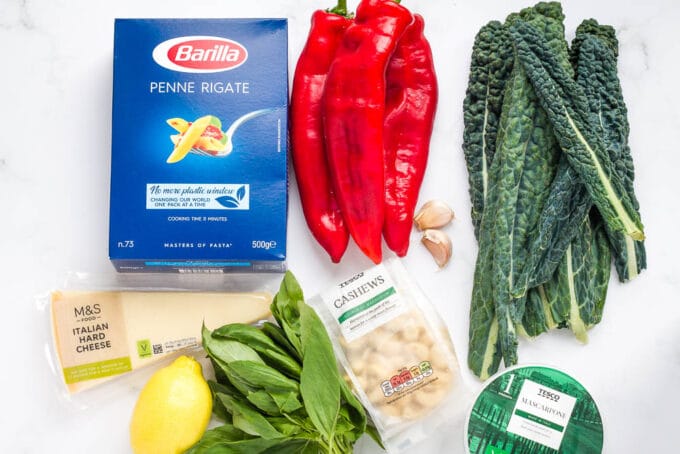 Ingredients to make creamy red pepper pesto pasta